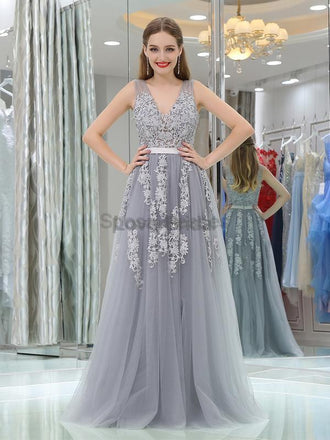 V Neck Grey Tulle A-line Evening Prom Dresses, Evening Party Prom Dresses, 12108
