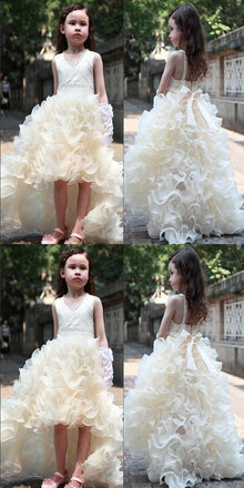 V-neck Hi-low Ivory Flower Girl Dresses, Cute Cheap Tutu Dresses, FG014