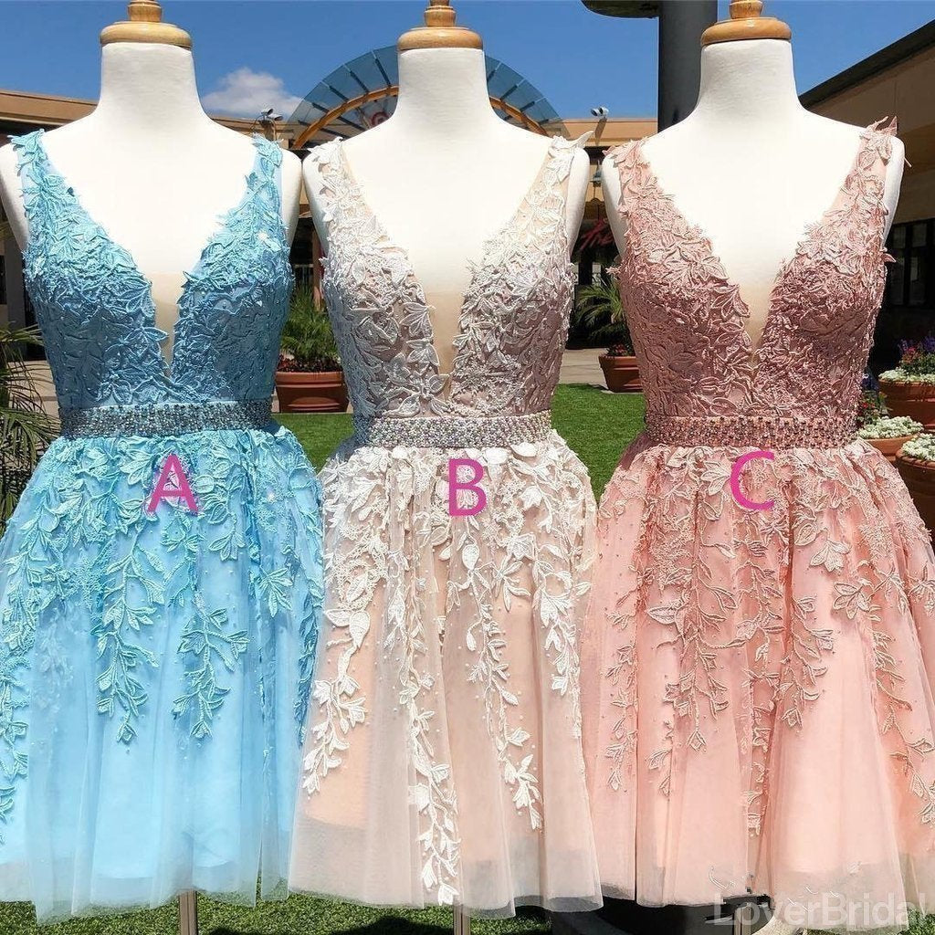 V Neck Lace Beaded Belt Cheap Homecoming Dresses Online, Cheap Short Prom Dresses, CM817