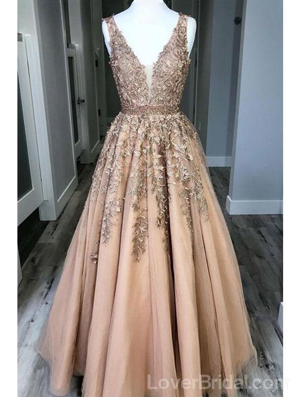 V Neck Lace Beaded Long Evening Prom Dresses, Cheap Custom Party Prom Dresses, 18600