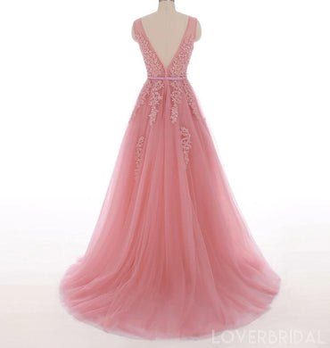 V Neck Peach Lace Cheap Long Evening Prom Dresses, Cheap Custom Sweet 16 Dresses, 18512