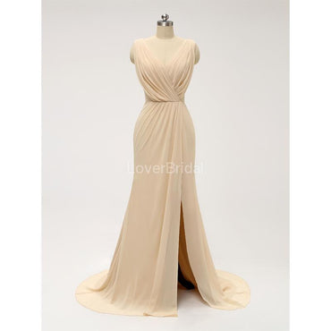 V Neck Side Slit Ruffle Chiffon Cheap Bridesmaid Dresses Online, WG586