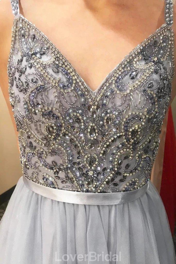 V Neck Spaghetti Straps Grey Beaded Cheap Evening Prom Dresses, Evening Party Prom Dresses, 12168