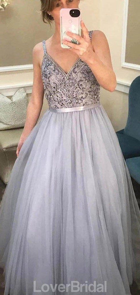 V Neck Spaghetti Straps Grey Beaded Cheap Evening Prom Dresses, Evening Party Prom Dresses, 12168