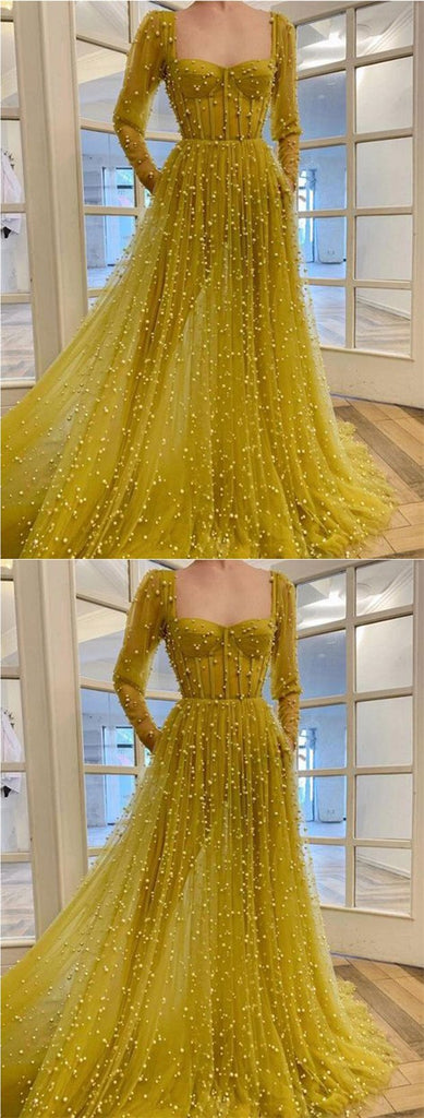 Yellow A-line Long Sleeves Prom Dresses Online, Evening Party Dresses,12541