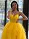 Yellow A-line Spaghetti Straps High Low Cheap Maxi Long Prom Dresses,13063