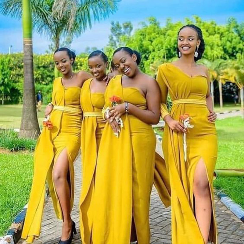 Yellow Mermaid One Shoulder High Slit Cheap Long Bridesmaid Dresses,WG1179