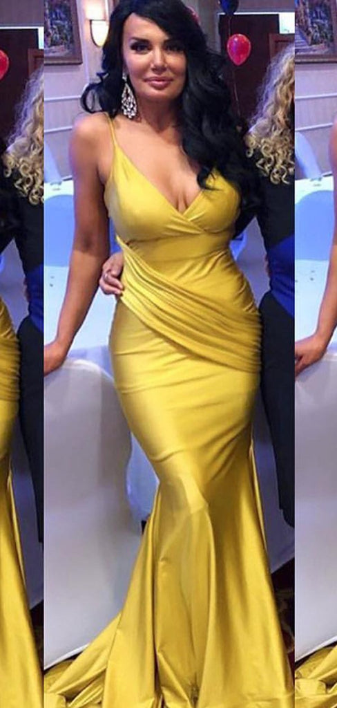 Yellow Mermaid Spaghetti Straps V-neck Long Bridesmaid Dresses Gown Online,WG937